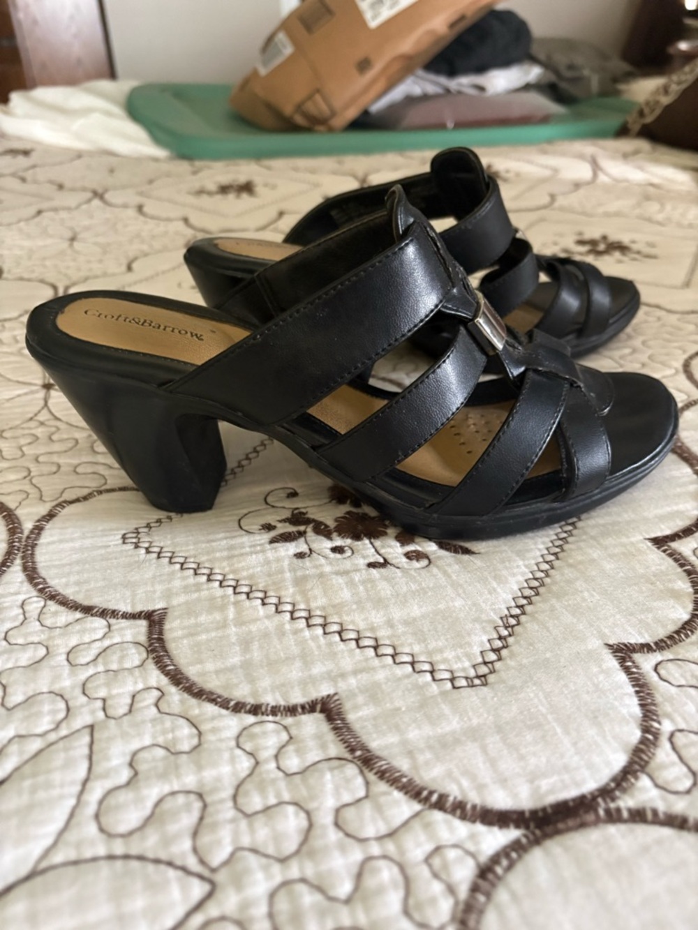 croft & barrow Black Strappy Leather Block Heel Mules